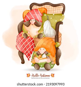 Autumn Gnome with retro classic chair, Fall Gnome, Autumn decor, Watercolor vector illustration
