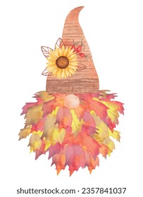 Autumn gnome.Beard made of maple leaves.A composition of a sunflower with petals on the hat. Watercolor illustration.Isolated hand drawn art.