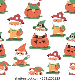 Autumn gnomes garden decor vector cartoon seamless pattern on a white background.