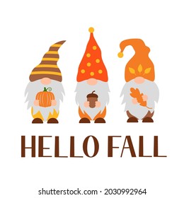 Autumn gnomes. Hello fall lettering. Cute cartoon characters. Vector template for banner, poster, greeting card, t-shirt, etc.