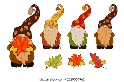 Autumn Gnomes with autumn leaves. Illustration constructor. A set of gnomes and additional items.