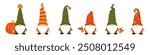 Autumn gnomes with pumpkin and leaves in hands. Magic harvest characters with yellow leaf and acorn in hand in hat covering his eyes with white beard as festive scandinavian symbol of garden