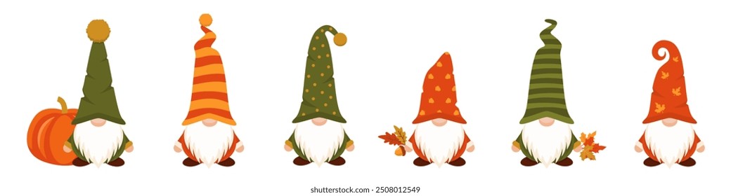 Autumn gnomes with pumpkin and leaves in hands. Magic harvest characters with yellow leaf and acorn in hand in hat covering his eyes with white beard as festive scandinavian symbol of garden