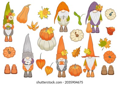 Autumn gnomes and pumpkins set. Vector illustration.