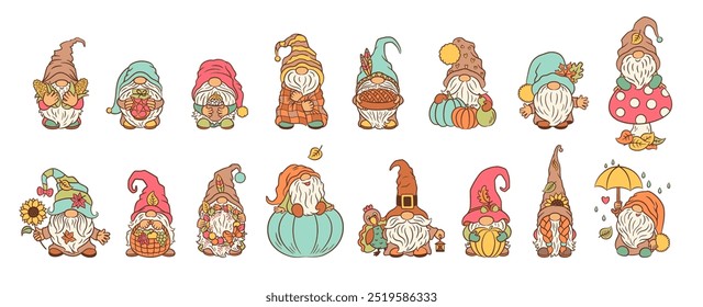 Autumn gnomes and pumpkins set. Vector illustration. Cute nordic gnome character bundle. Blue pumpkin, cartoon turkey, fall leaves fun. Harvest, fall weather, Thanksgiving and Halloween themes.