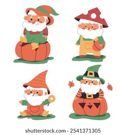 Autumn gnomes vector garden decor cartoon set isolated on a white background.