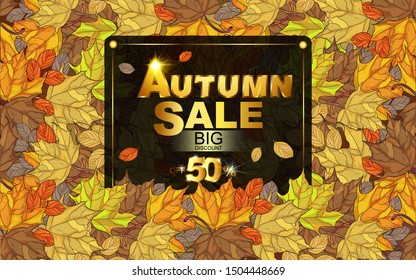 Autumn gold background, advertising banner with maple leaves.  Suitable for thanksgiving, greeting cards, harvest festival, birthday, wedding, sale, discount, product labels