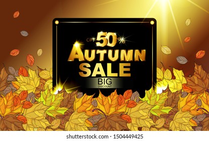 Autumn gold background, advertising banner with maple leaves.  Suitable for thanksgiving, greeting cards, harvest festival, birthday, wedding, sale, discount, product labels