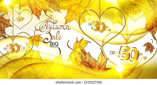 Autumn gold background with maple leaves. Suitable for greeting cards, harvest festival, thanksgiving, birthday, wedding, sale, discount, promotions, product labels