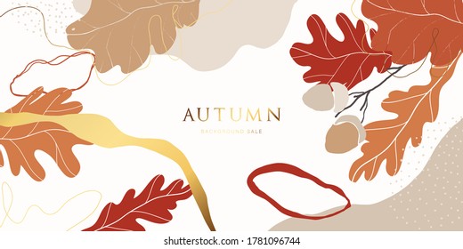 Autumn And Gold Background Vector. Minimalistic Style Wallpaper With Autumn Element And Abstract Shape.