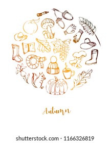 Autumn gold circle line hand drawn set of different symbols related to fall. Round template for greeting cards isolated on white background.