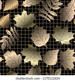 Autumn gold foil leaves on black background