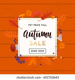 Autumn gold sale poster or September shopping promo banner for autumnal 70% discount. Vector maple and oak acorn leaf foliage and discount text design for online shop, leaflet or web banner