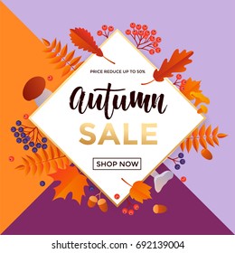 Autumn gold sale text poster for September shopping promo or 50% autumnal shop discount. Vector maple and oak acorn leaf foliage, mushroom and berry for discount design of leaflet or web banner.