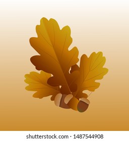 autumn, golden brown, fall oak leaves and acorns with gradient beige brown gradient backgorund - vector eps 10