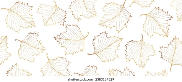 Autumn golden foliage isolated on white vector background. Abstract wallpaper design with maple leaves, golden lines. Elegant autumn season botanical illustration suitable for fabric, prints, cover	