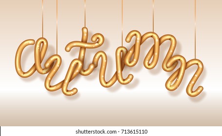 Autumn golden inscription made of glossy balloons hanging on threads vector illustration isolated on beige background, fall decorative text