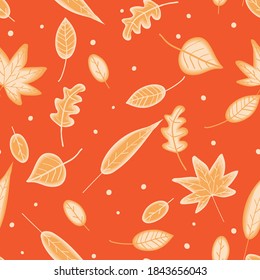 Autumn golden leaves patterns with golden dots and orange backgorund . Vector seamless pattern design for textile, fashion, paper, packaging and branding. 