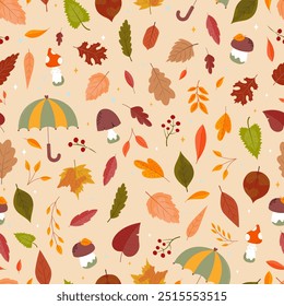 Autumn, golden autumn time, leaves, mushrooms, umbrella, rowan twigs, seamless pattern