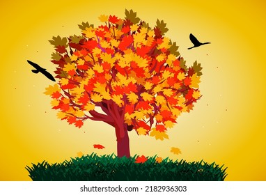 Autumn golden tree on the grass, in the evening time of day with falling leaves and flying birds. Vector illustration, isolated on orange background.