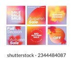 Autumn gradient aesthetic square posts set. Minimal vector background covers with blur and maple leaves.