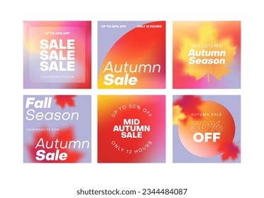 Autumn gradient aesthetic square posts set. Minimal vector background covers with blur and maple leaves.