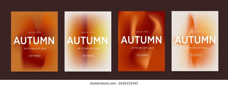 Autumn gradient background with fluid textures in warm brown, orange, and red colors. Retro abstract design for seasonal sales, web, ads, social media, posters, and banners. Vector template.
