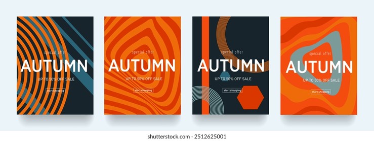 Autumn Gradient Design with Circles, Lines, Ovals, Rectangles in Brown, Orange, Green, Red Colors. Sale Offer 50%. Retro Art Background for Web, Social Media, Posters, Banners, Covers.