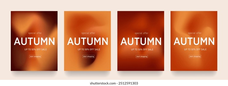 Autumn Gradient Design. Set Fluid Texture with Brown, Orange, Red Colors. Background Retro Art for Advertising, Web, Social Media, Poster, Banner, Cover. Sale offer 50%. Vector Illustration