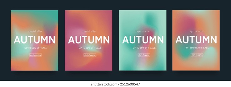 Autumn Gradient Design. Set Fluid Texture with Pink, Orange, Green, Red Colors. Background Retro Art for Advertising, Web, Social Media, Poster, Banner, Cover. Sale offer 50%. Vector Illustration