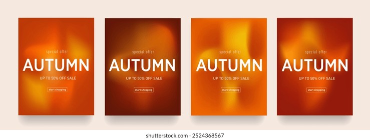 Design de gradiente de outono. Defina a textura do fluido com as cores marrom, laranja, vermelho. Anúncio, Web, Mídia social, Cartaz, Faixa, Capa. Oferta de venda 50%. Ilustração de vetor
