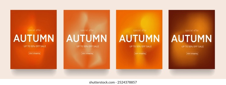 Autumn Gradient Design. Set Fluid Texture with Brown, Orange, Red Colors. Background Retro Art for Advertising, Web, Social Media, Poster, Banner, Cover. Sale offer 50%. Vector Illustration