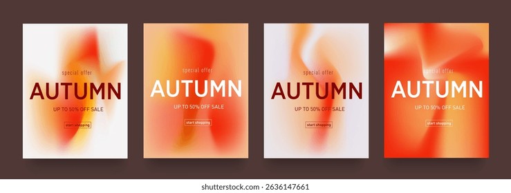 Autumn gradient design. Set of fluid textures in brown, orange, red colors. Retro-style background for advertising, web, social media, posters, banners, covers. Includes sale offer – 50% off. 