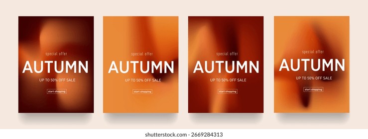 Herbst-Farbverlauf-Design. Set Fluid Texture mit Braun, Orange, Rot Farben. Hintergrund Retro Art für Werbung, Web, Social Media, Poster, Banner, Cover. Angebot 50%. Vektorgrafik