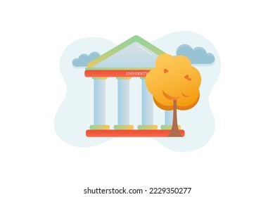 Autumn gradient icons concept scene in the flat cartoon design. The building and the yellowed trees around it. Vector illustration.