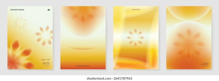 Autumn gradient poster background vector set. Minimalist cover template with geometric shape, flower. Ideal design for social media, banner, autumn season card, chinese new year.