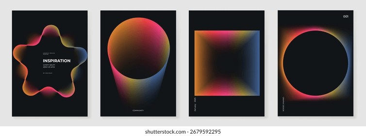 Póster de degradado de otoño sobre fondo oscuro conjunto de Vector. Plantilla minimalista de la cubierta con la forma geométrica colorida en diversa forma. Diseño ideal para redes sociales, Anuncio, tarjeta de temporada de otoño.