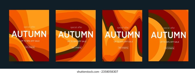 Autumn Gradient Relief for Discount Offer 50%. Trendy Design Liquid in Orange, Yellow, Brown Colors. Abstract Pattern Fluid Swirl Stripe for Advertising, Web, Poster, Banner, Cover. Set 3d Art Ribbon.