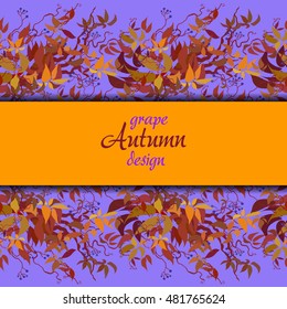 Autumn grape vine border banner design. Wilde grape with red orange leaves and berries. Horizontal colorful autumn or fall banner template. Vector illustration stock vector.