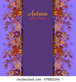 Autumn grape vine border design. Wilde grape with red orange leaves and berries. Vertical stripe design. Colorful autumn or fall banner template. Vector illustration stock vector.