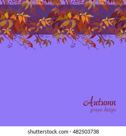 Autumn grape vine border design. Wilde grape with red orange leaves and berries. Horizontal design. Colorful autumn or fall banner template. Vector illustration stock vector.