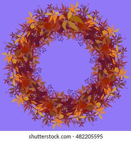 Autumn Grape Vine Circle Frame Design. Wilde Grape With Red Orange Leaves And Berries. Autumn Or Fall Wreath Design Background. Vector Illustration Stock Vector.