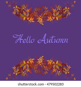 Autumn grape vine garland frame design and label with text hallo autumn. Wilde grape with red orange leaves and berries. Autumn or fall wreath design background. Vector illustration stock vector.