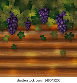 Autumn grapes card with wooden background, vector illustration