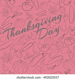 Autumn graphic pattern with fruits and vegetables. Vector Thanksgiving day design