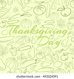 Autumn graphic seamless pattern with fruits and vegetables. Vector Thanksgiving day design