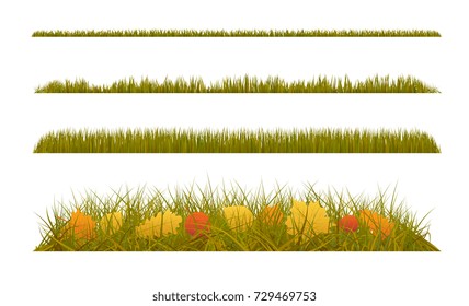 Autumn grass with fall leaves on white background. Set of autumn decorations.