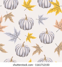 Autumn gray pumpkins, yellow maple leaves background. Vector seamless pattern. Halloween illustration. October harvest. Organic vegetable garden food. Nature design. Thanksgiving day. Fall season