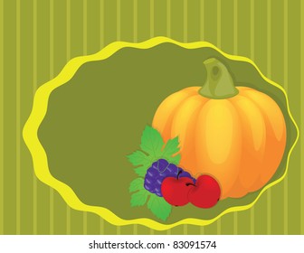 autumn green background with  pumpkin, grape, apple