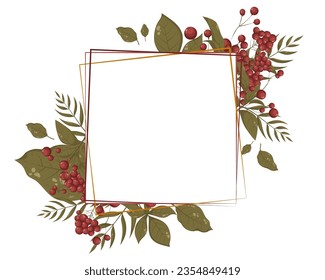 Autumn green leaves and red berries frame lettering. Vector llustration with place for text, photo. Thanksgiving Design element for invitation, card, web, background, social media, banners, flyers.